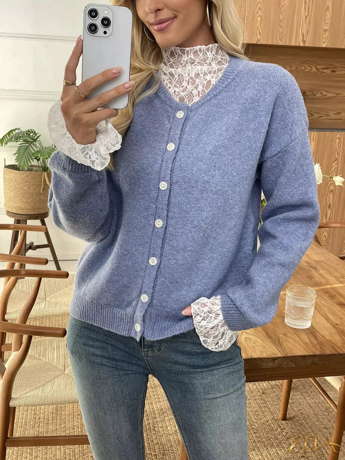 Zita La Belle Elite button-down cardigan with delicate lace trim, soft knit fabric, and classic fit for elegant casual wear.