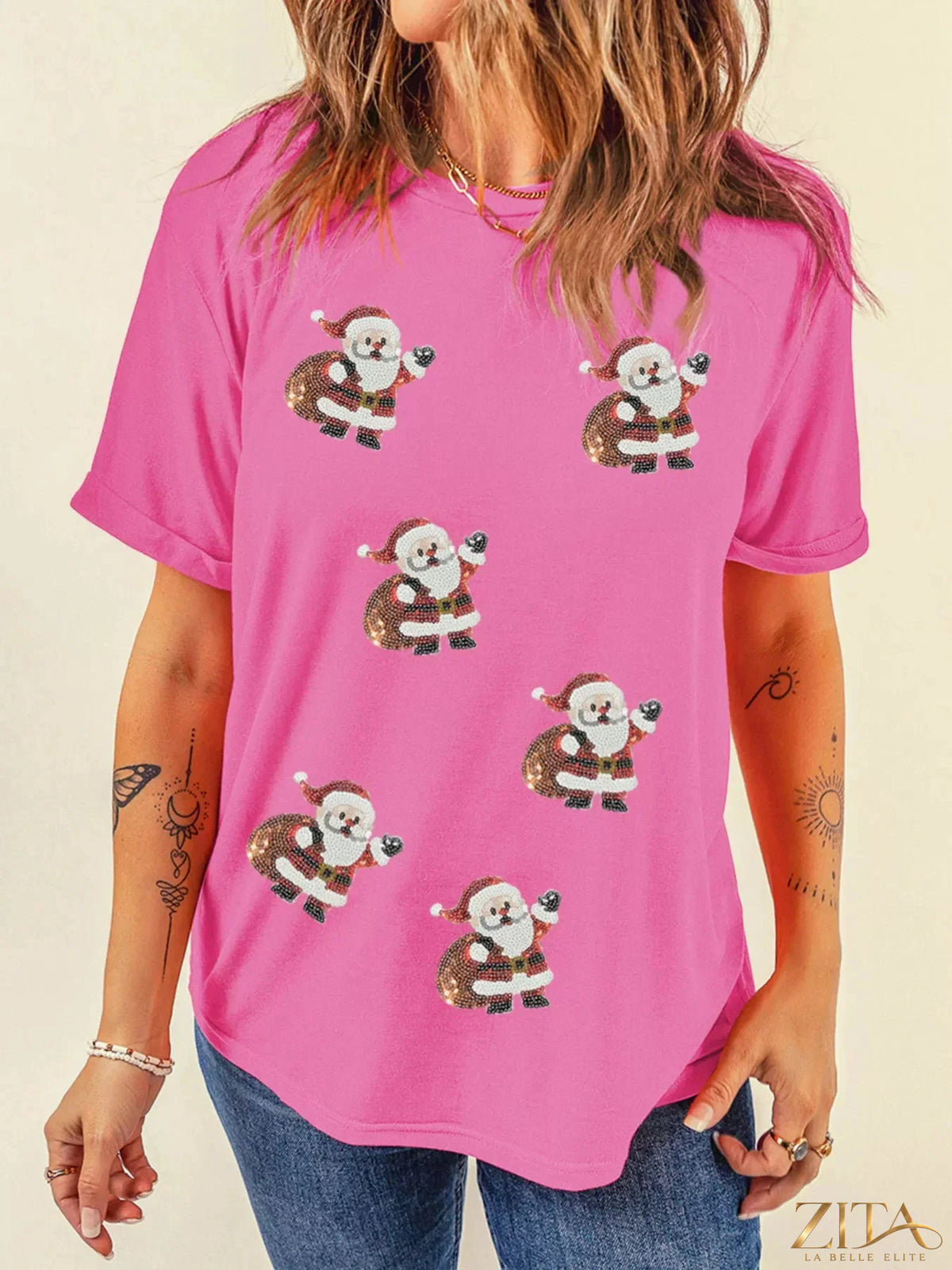 Red Santa Claus deliver gifts sequin short sleeve tee by Trendsi featuring festive holiday design and sparkling sequins.