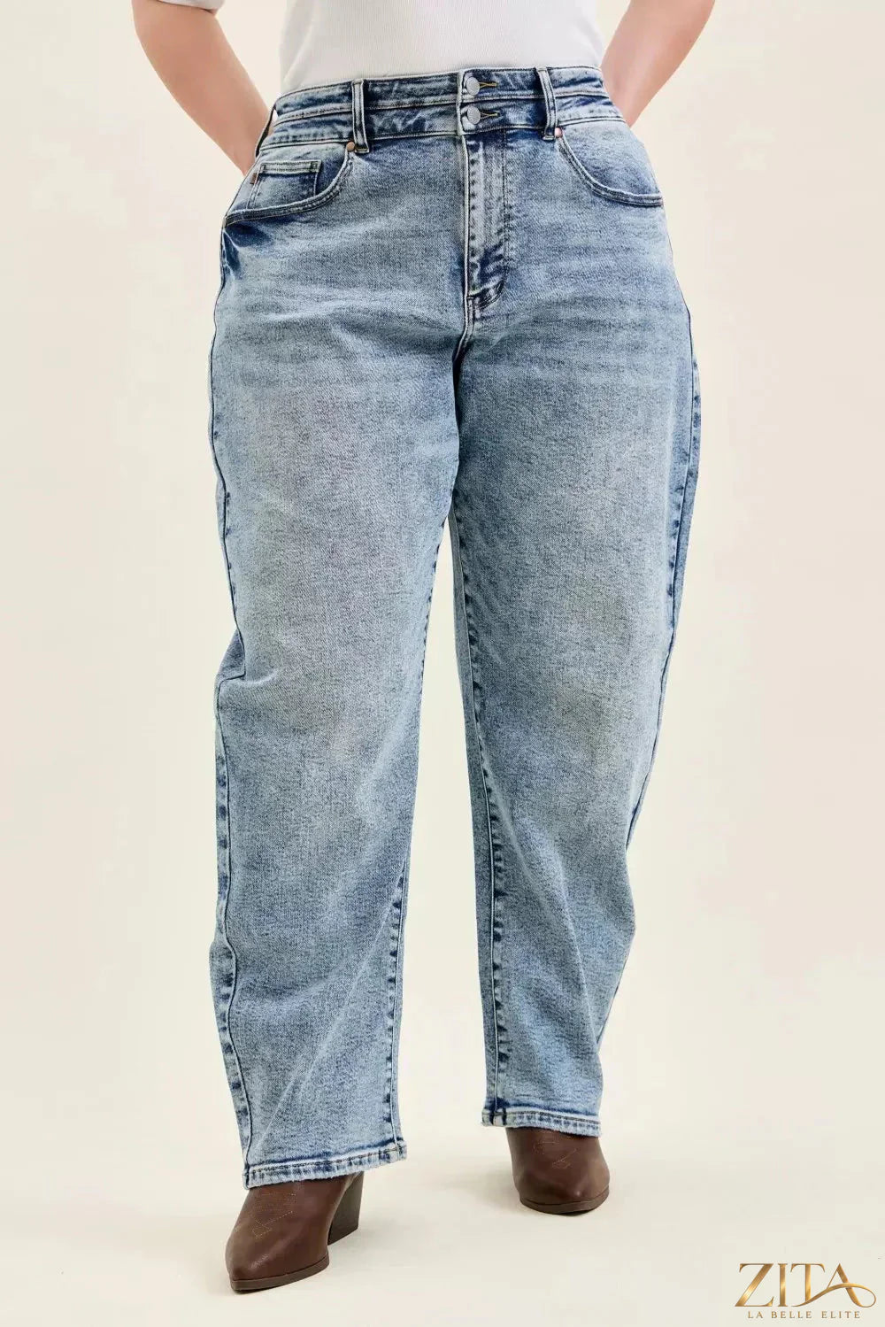 Zita La Belle Elite Judy Blue Marlow Arc Leg jeans with double waistband, showing the stylish fit and unique design details.