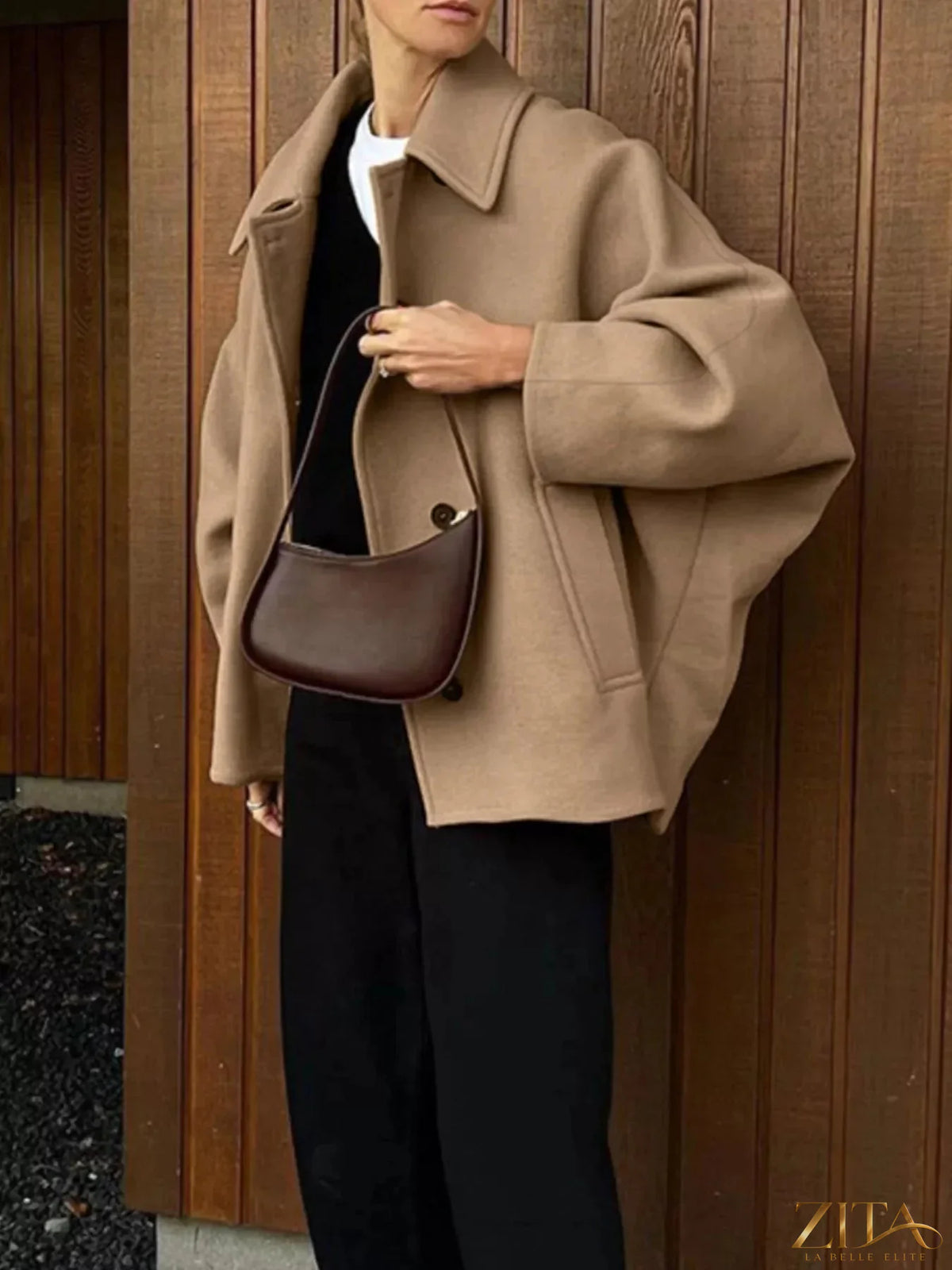 Zita La Belle Elite oversized lapel collar button-down coat in neutral fabric, front view showing classic style and relaxed fit.