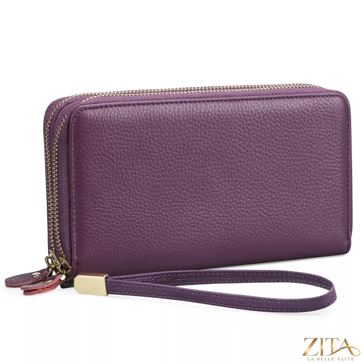 Trendsi double zipper leather wallet with multiple card slots and secure coin compartment, made from smooth black leather.