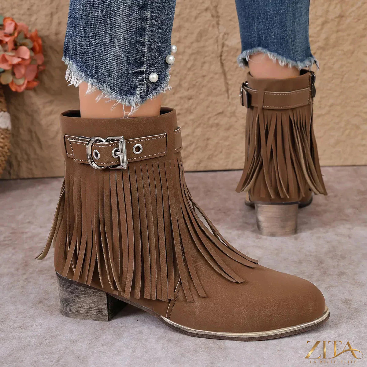 Zita La Belle Elite fringe ankle boots with buckle detail, featuring leather design and stylish fringe accents.