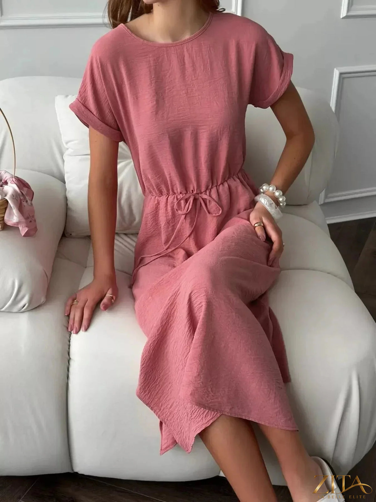 Zita La Belle Elite casual midi dress with drawstring waist, lightweight fabric, and relaxed fit, perfect for everyday wear.