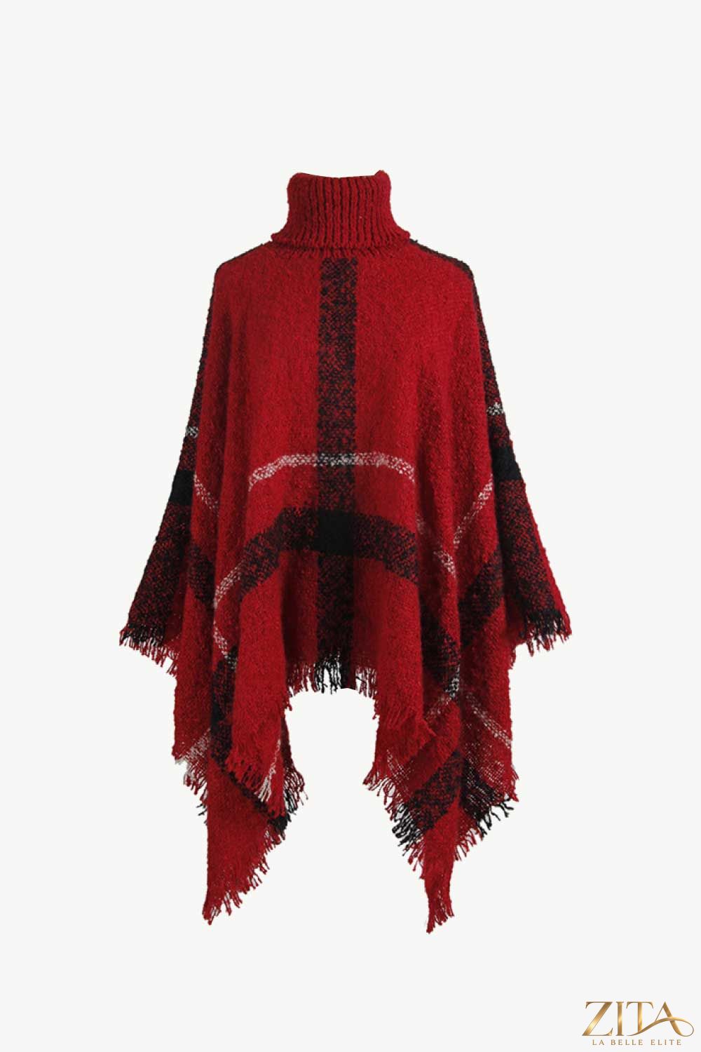 Plaid turtleneck raw hem poncho from Trendsi featuring a cozy, stylish design with a plaid pattern and raw hem details.
