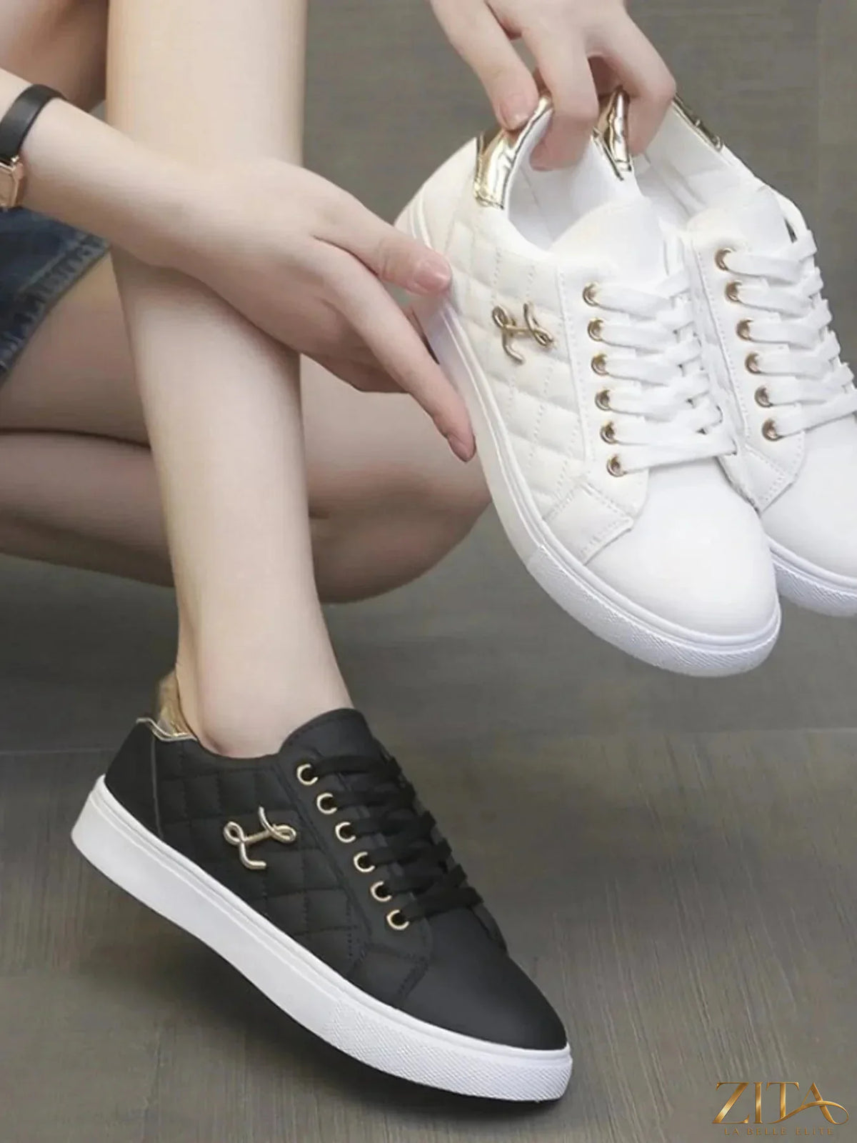 Zita La Belle Elite quilted platform sneakers with metallic gold accents, stylish and comfortable footwear for casual wear.