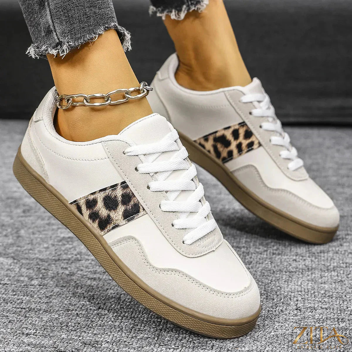 Leopard print lace-up sneakers with round toes from Zita La Belle Elite, stylish and comfortable for casual wear.