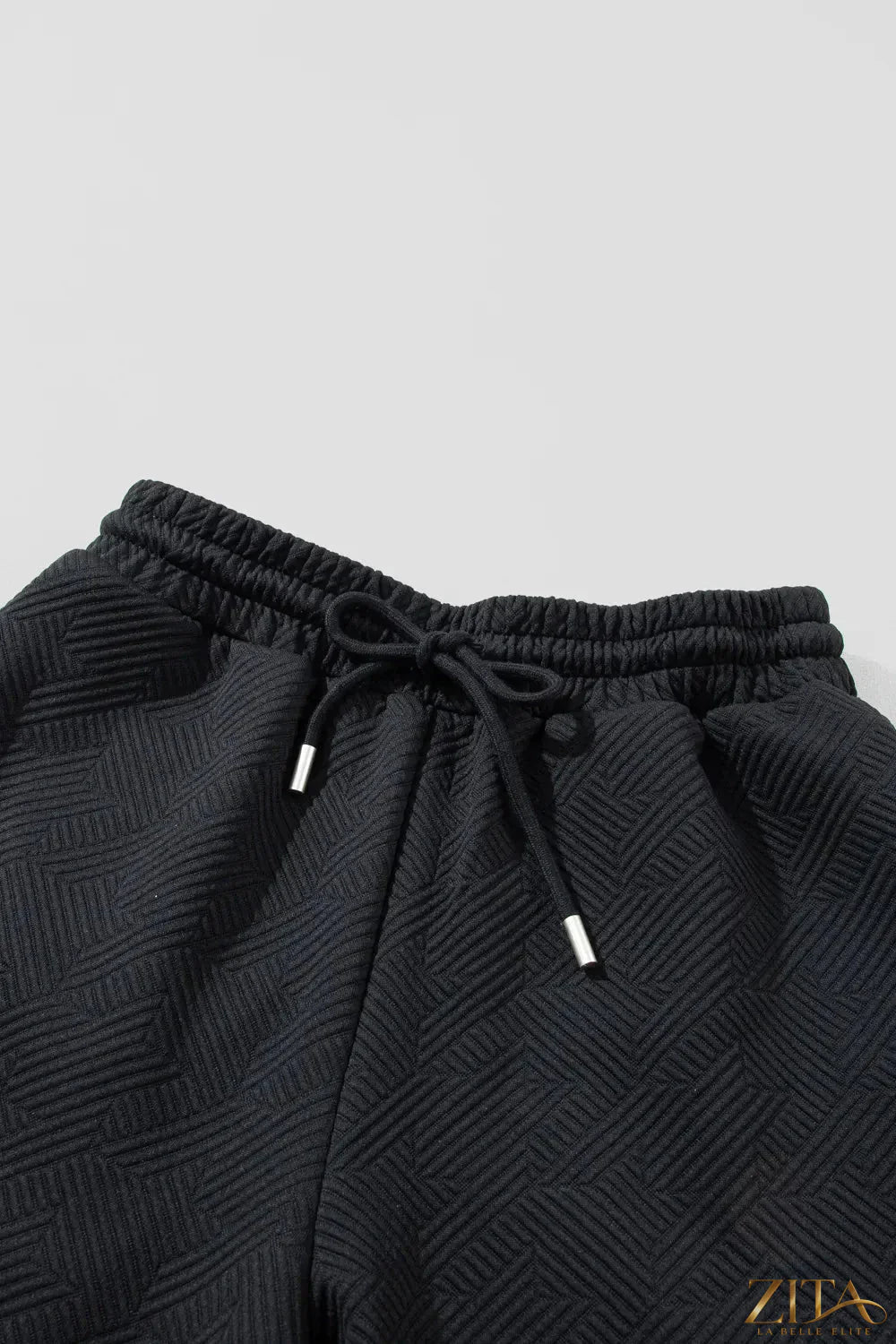 Zita La Belle Elite ruffled quarter zip top and drawstring pants set, stylish loungewear with ruffle details and comfortable fit.
