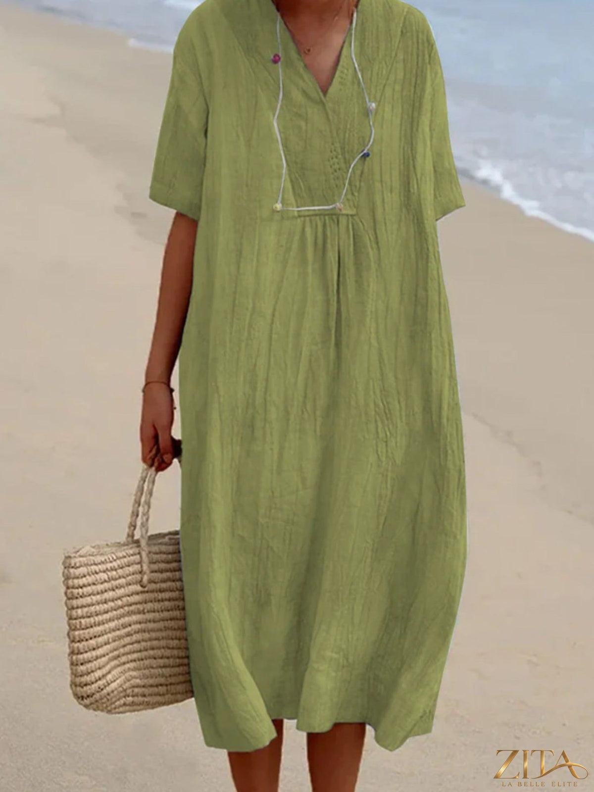 Zita La Belle Elite casual loose short sleeve midi dress in lightweight fabric, featuring a relaxed fit and elegant design.