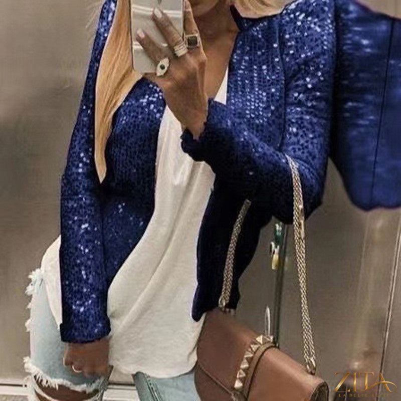 Women's colorblock sequin short jacket by Zita La Belle Elite, casual glam jacket with vibrant color blocks and sparkling sequins.