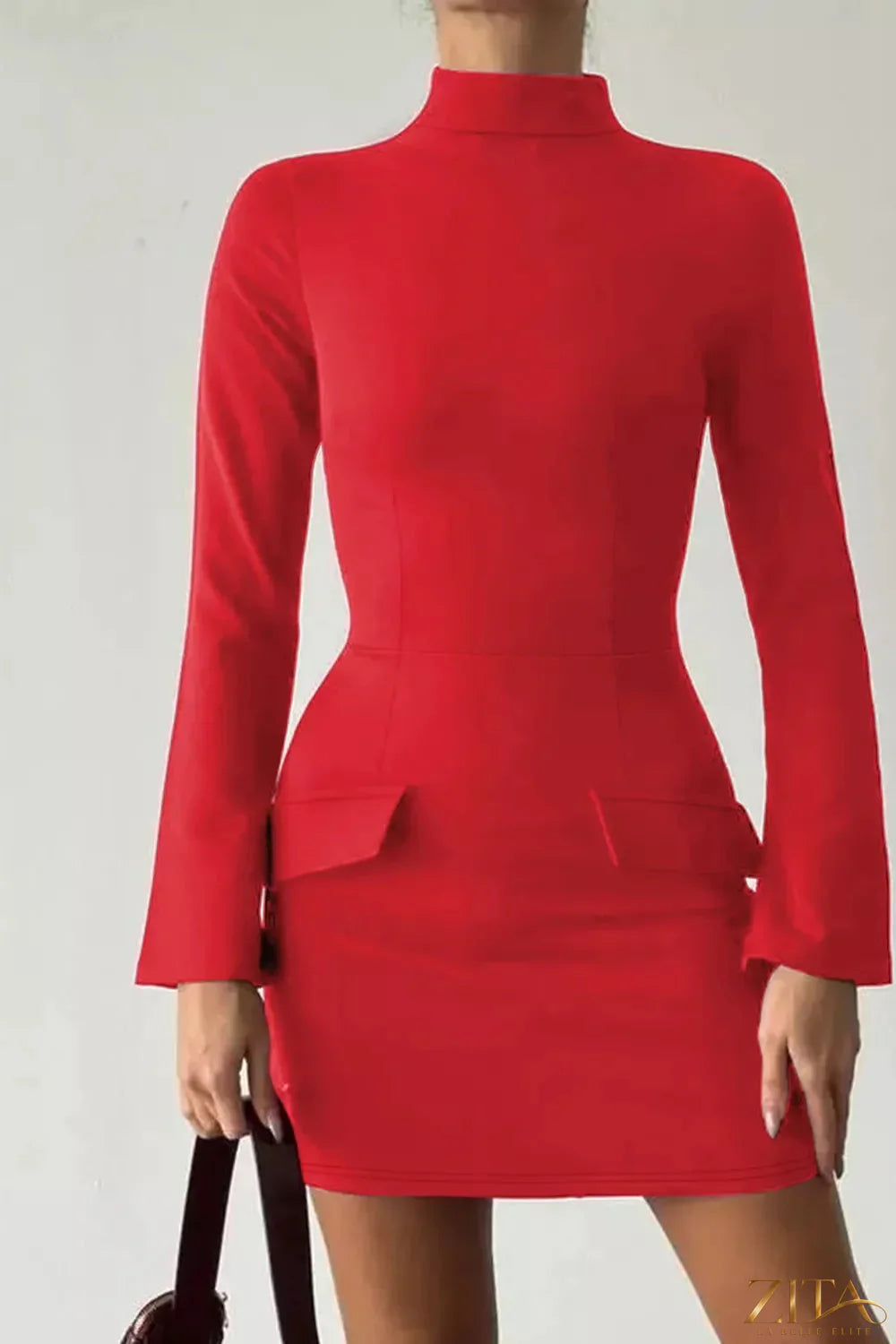 Long-sleeve mini dress with flap pockets by Trendsi, featuring a fitted silhouette and stylish design.