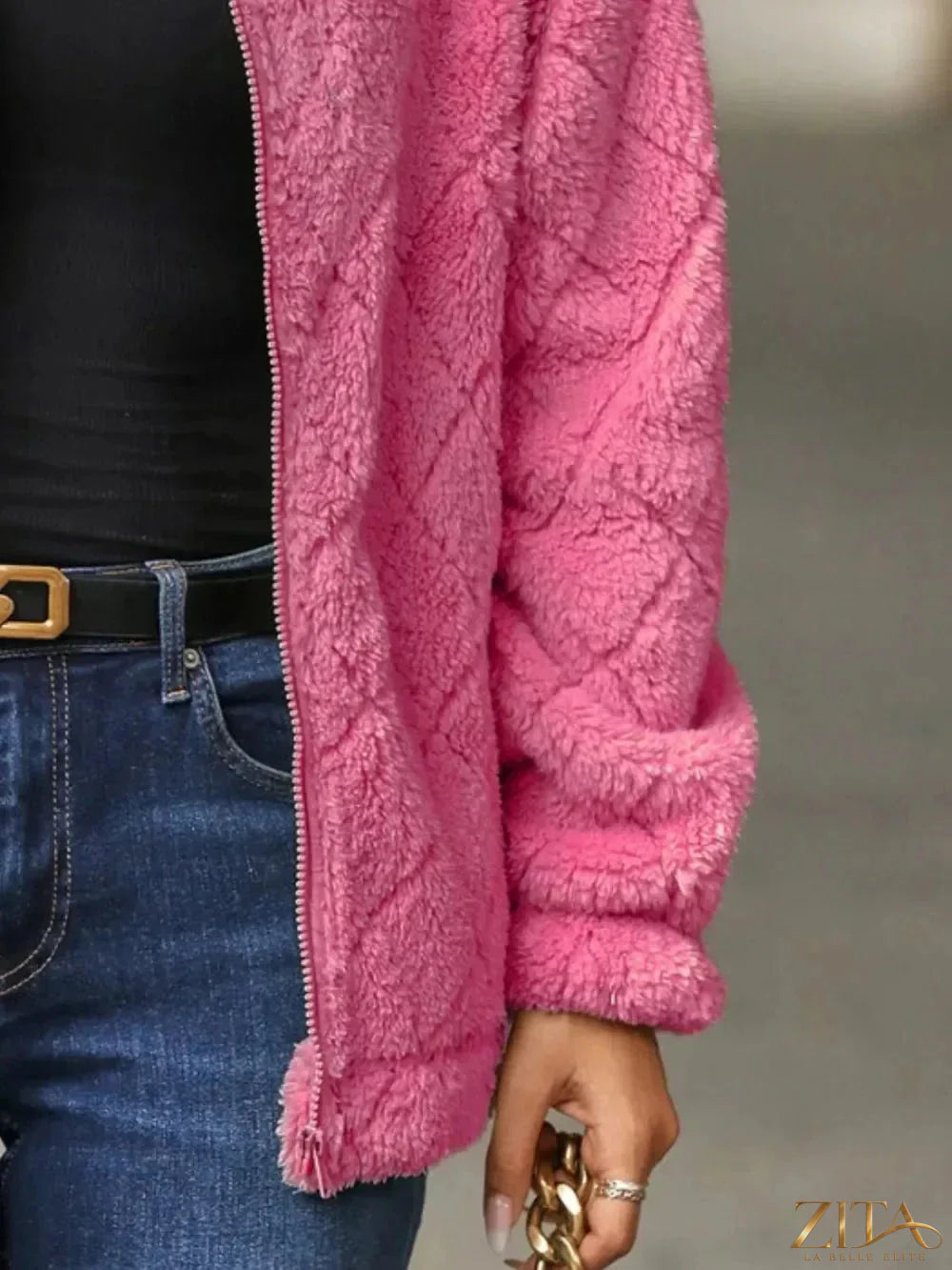 Zita La Belle Elite fuzzy zip-up jacket with front pockets, soft fabric, and a cozy, stylish design.