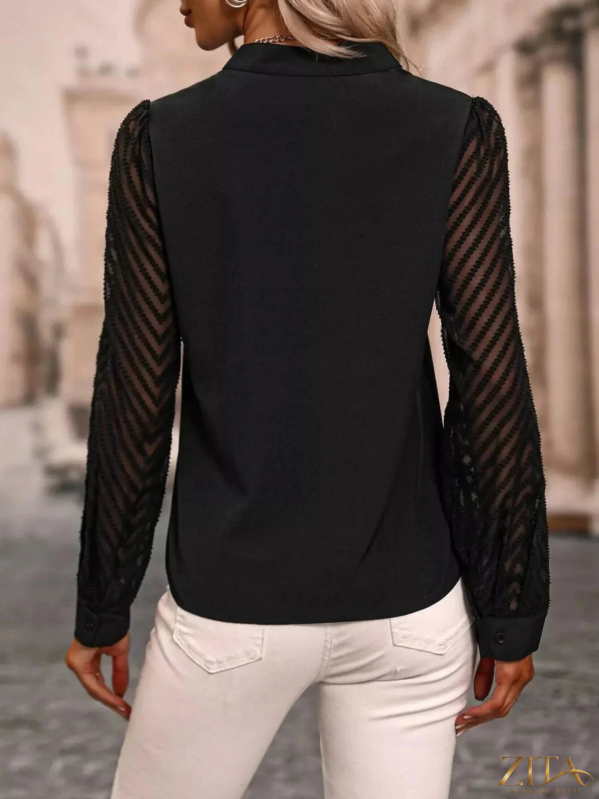 Zita La Belle Elite sheer sleeve V-neck blouse featuring lightweight, flowy fabric and elegant design with sheer sleeves and V-neckline.