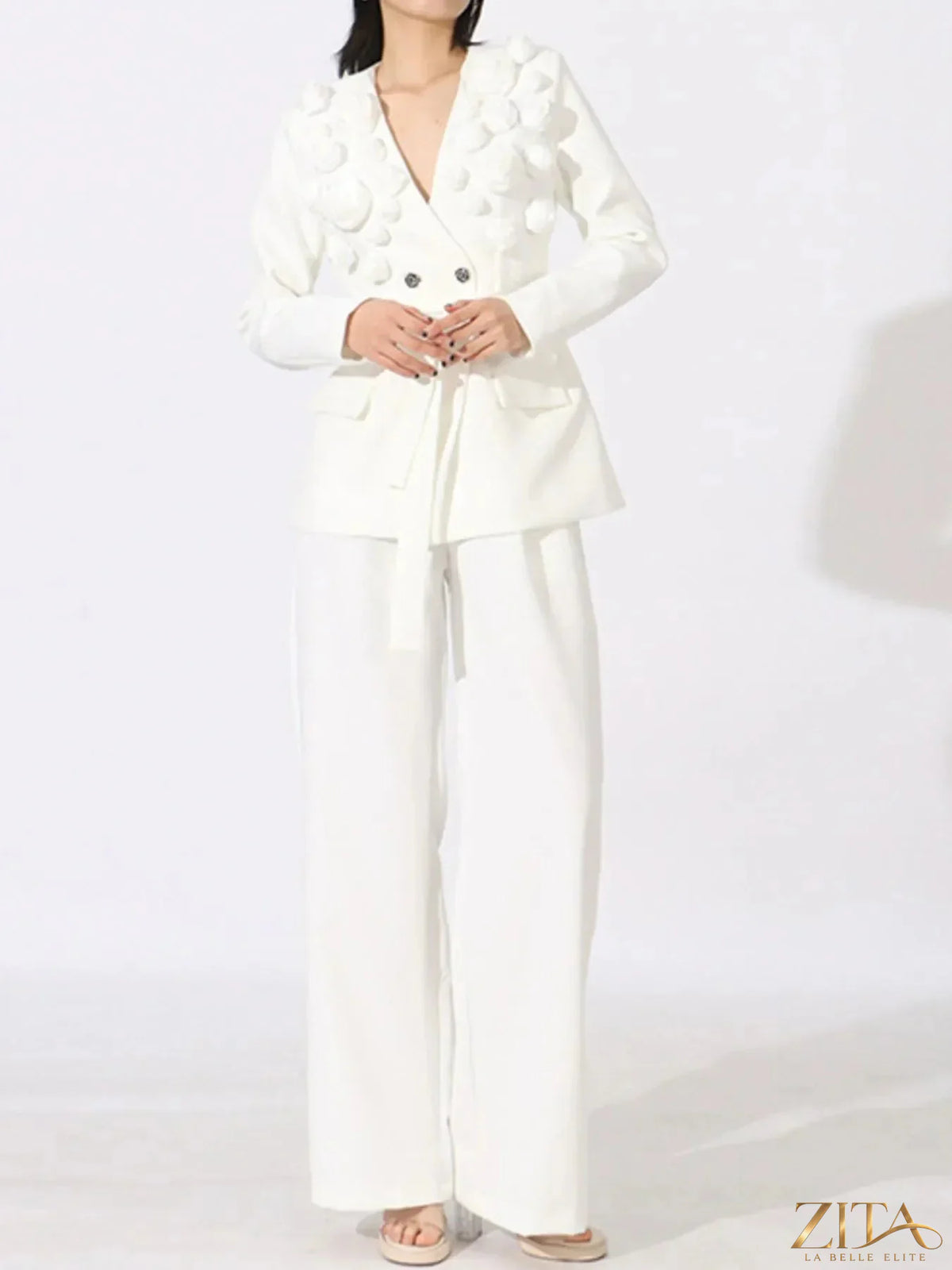 Zita La Belle Elite flower long sleeve blazer and matching pants set, stylish women’s fashion with floral print and tailored fit.