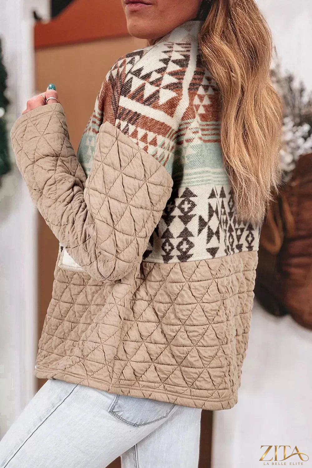 Aztec quilted patchwork Western jacket by Zita La Belle Elite, featuring vibrant embroidery and classic Western style.
