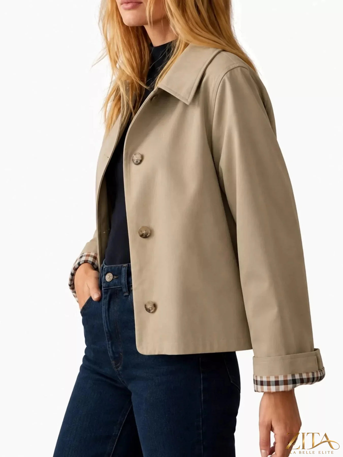 Zita La Belle Elite plaid cuffs cropped trench coat with button details and classic outerwear design