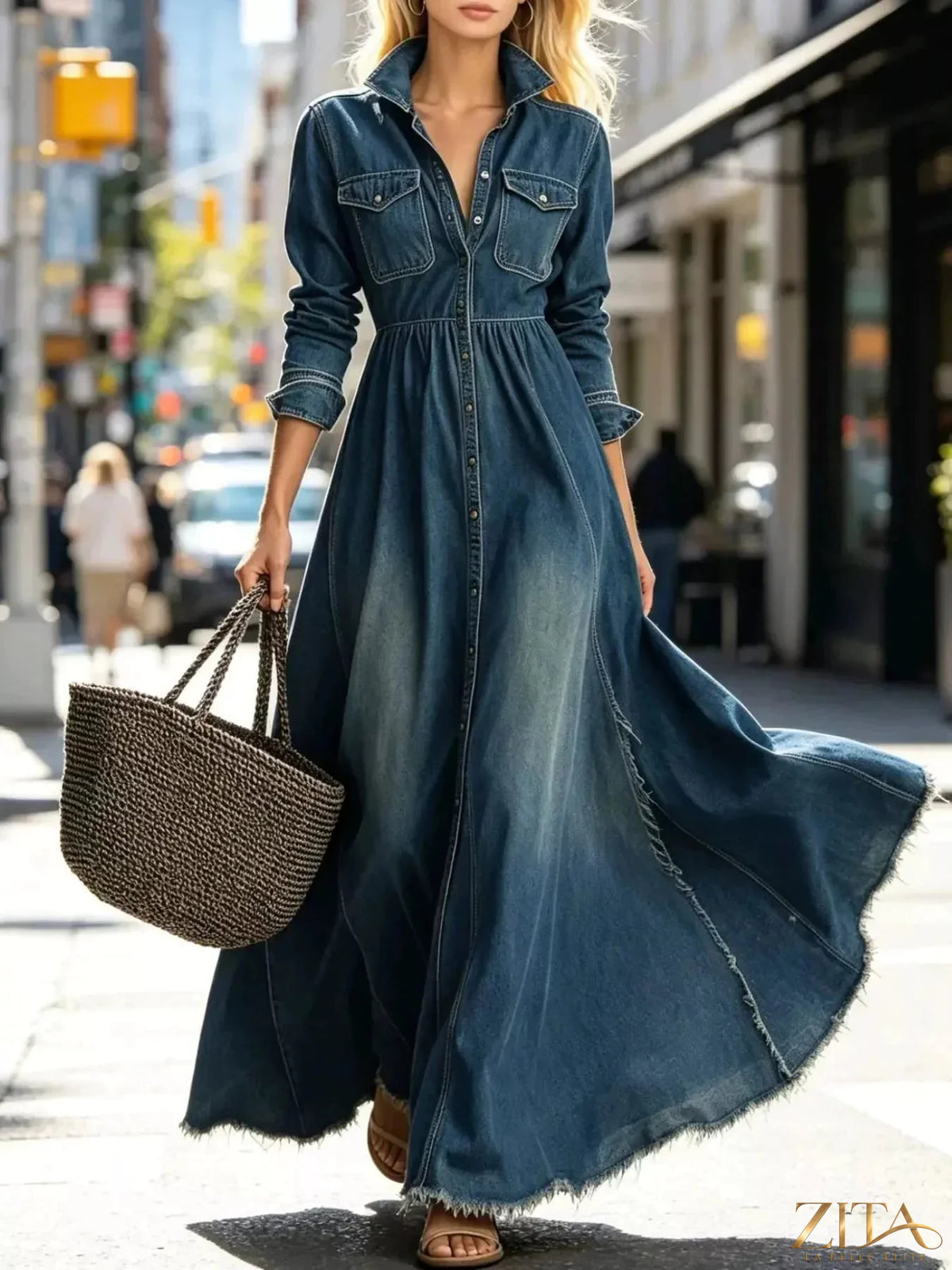 Raw hem long-sleeve denim maxi dress by Zita La Belle Elite, featuring a flowing silhouette and casual, stylish design.