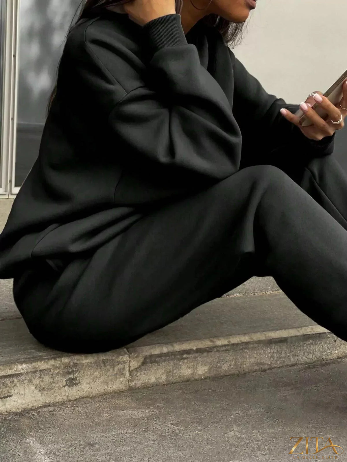 Zita La Belle Elite half zip sweatshirt and matching pants set, casual athleticwear in soft fabric, displayed in black.