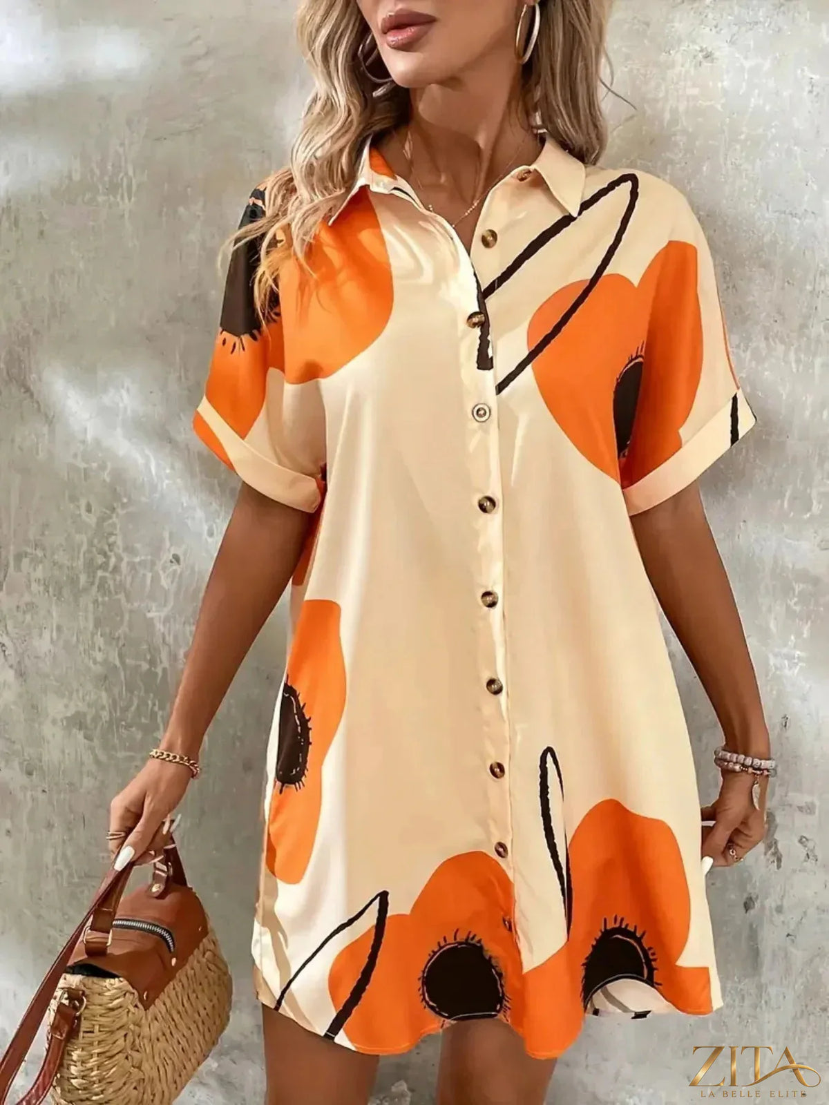 Printed button-front shirt dress by Zita La Belle Elite with a classic collar and long sleeves, stylish and comfortable for everyday wear.