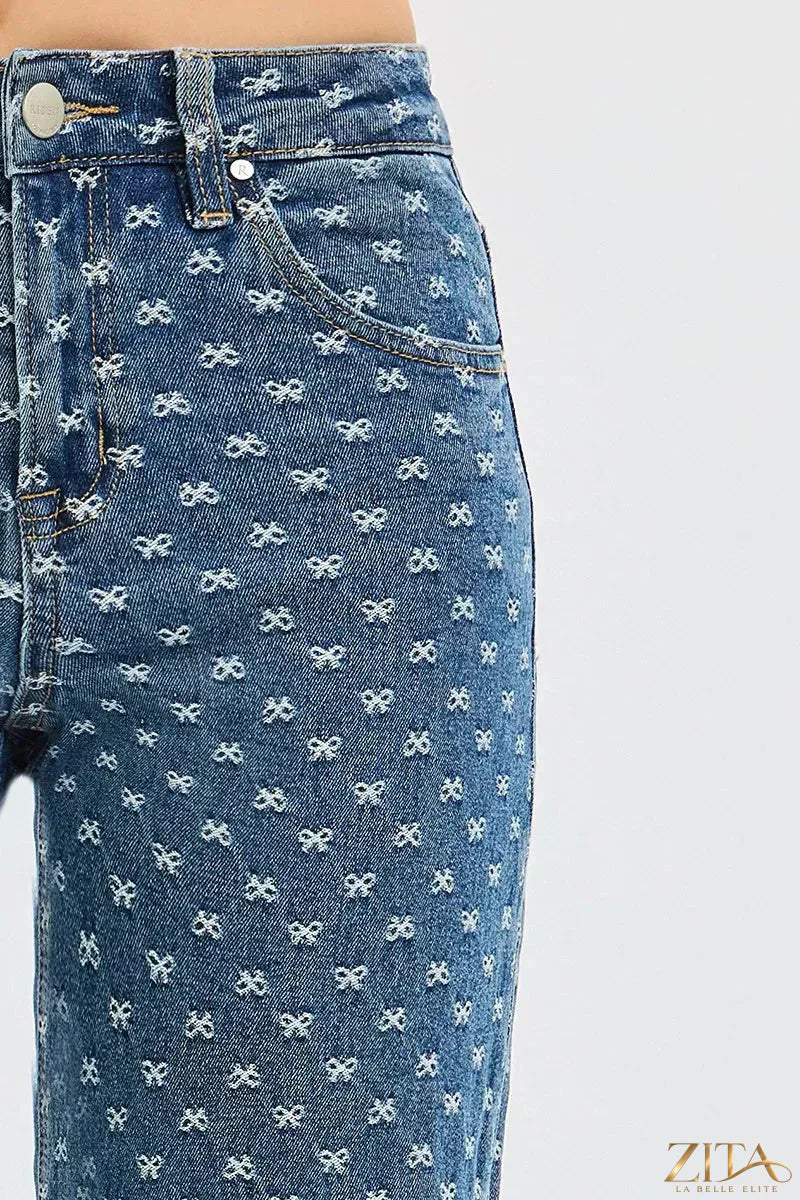 Zita La Belle Elite RISEN high rise wide leg jeans with bow embroidery, showcasing the stylish fit and detailed design.
