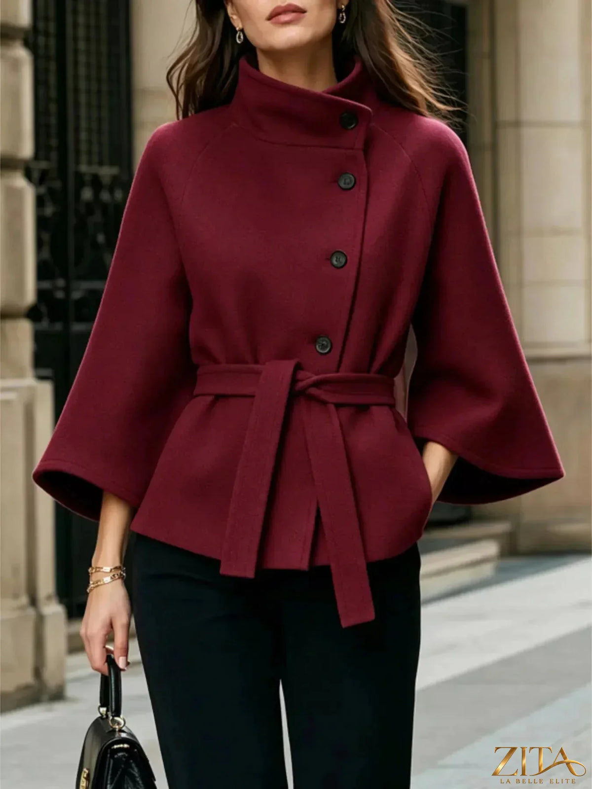 Zita La Belle Elite button down cape coat with belt at waist, showcasing elegant style and structured design.