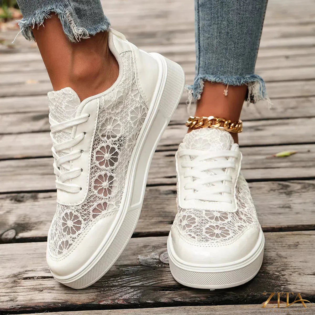 Zita La Belle Elite round toe lace sneakers with white exterior and classic design, perfect for casual wear.
