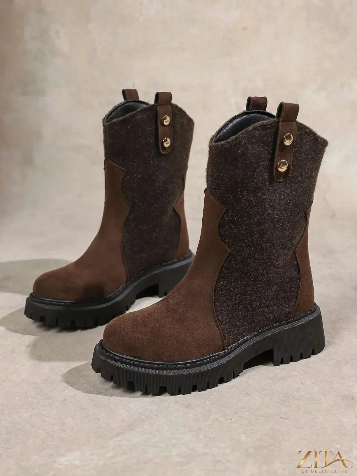 Zita La Belle Elite round toe platform boots with chunky heels and sleek black leather finish.