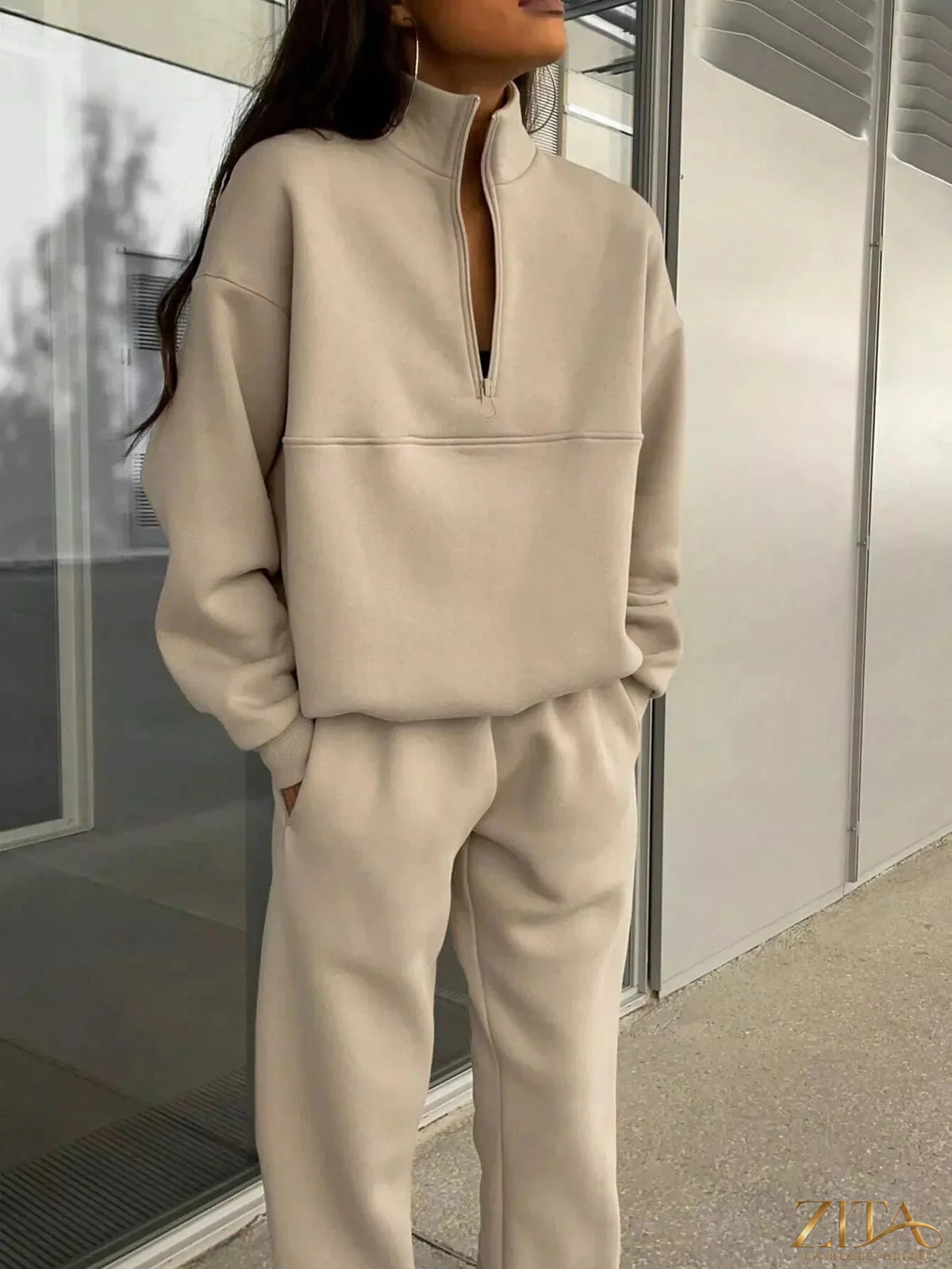 Zita La Belle Elite half zip sweatshirt and matching pants set in soft fabric, casual athletic wear for comfortable style.