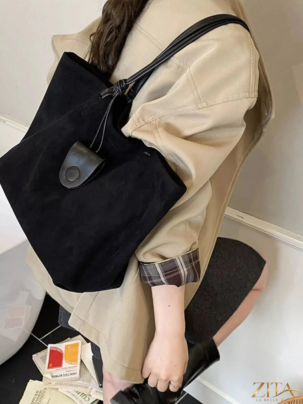 Classic suede tote bag by Zita La Belle Elite, featuring a stylish design with sturdy handles and a spacious interior.