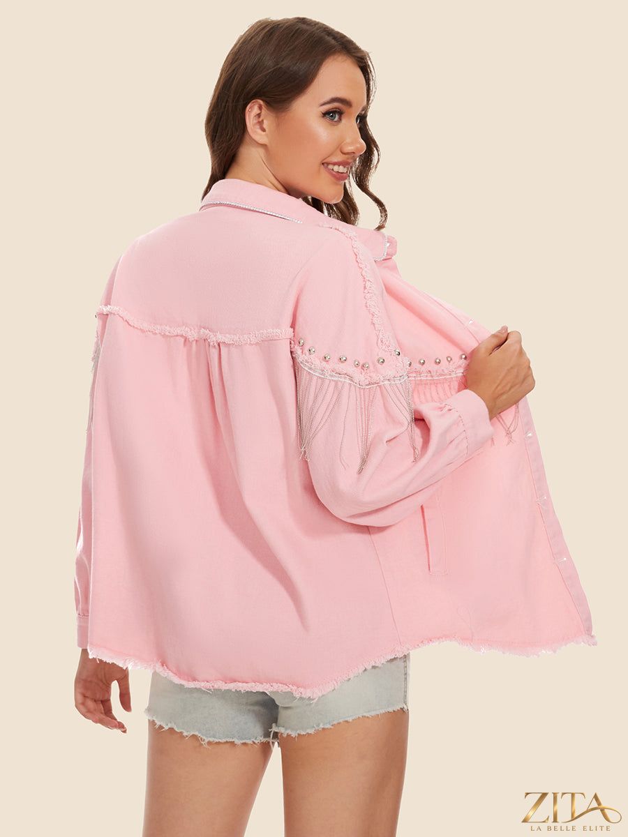 Raw hem denim jacket with fringe detail by Zita La Belle Elite, showcasing a stylish casual denim jacket with unique fringe accents.