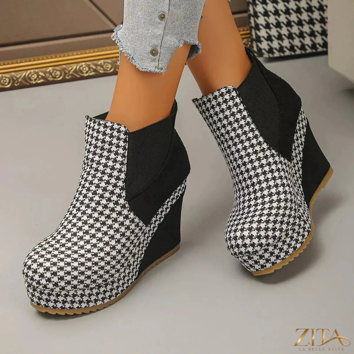 Zita La Belle Elite houndstooth pattern wedge ankle boots with lace-up front and chunky heel on a neutral background.