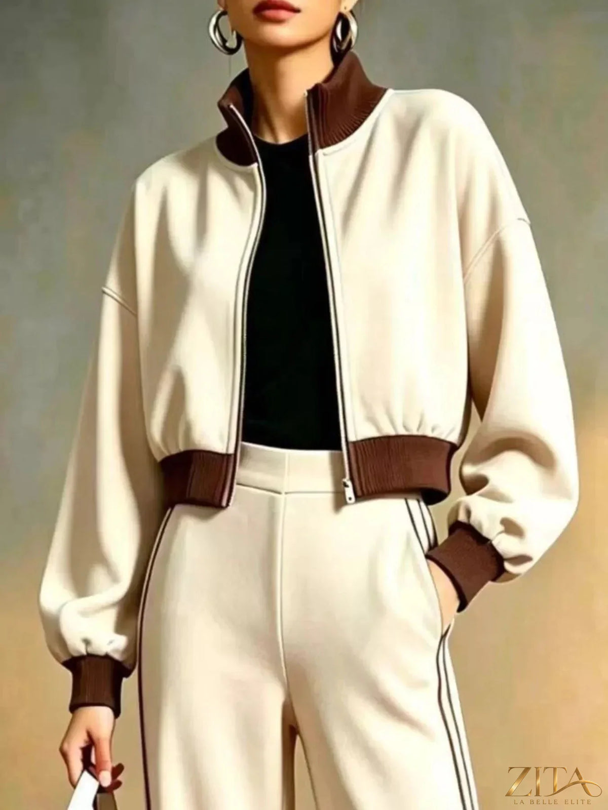 Zita La Belle Elite contrast ribbed jacket and wide-leg pants tracksuit set, stylish athleisure with ribbed details and relaxed fit.