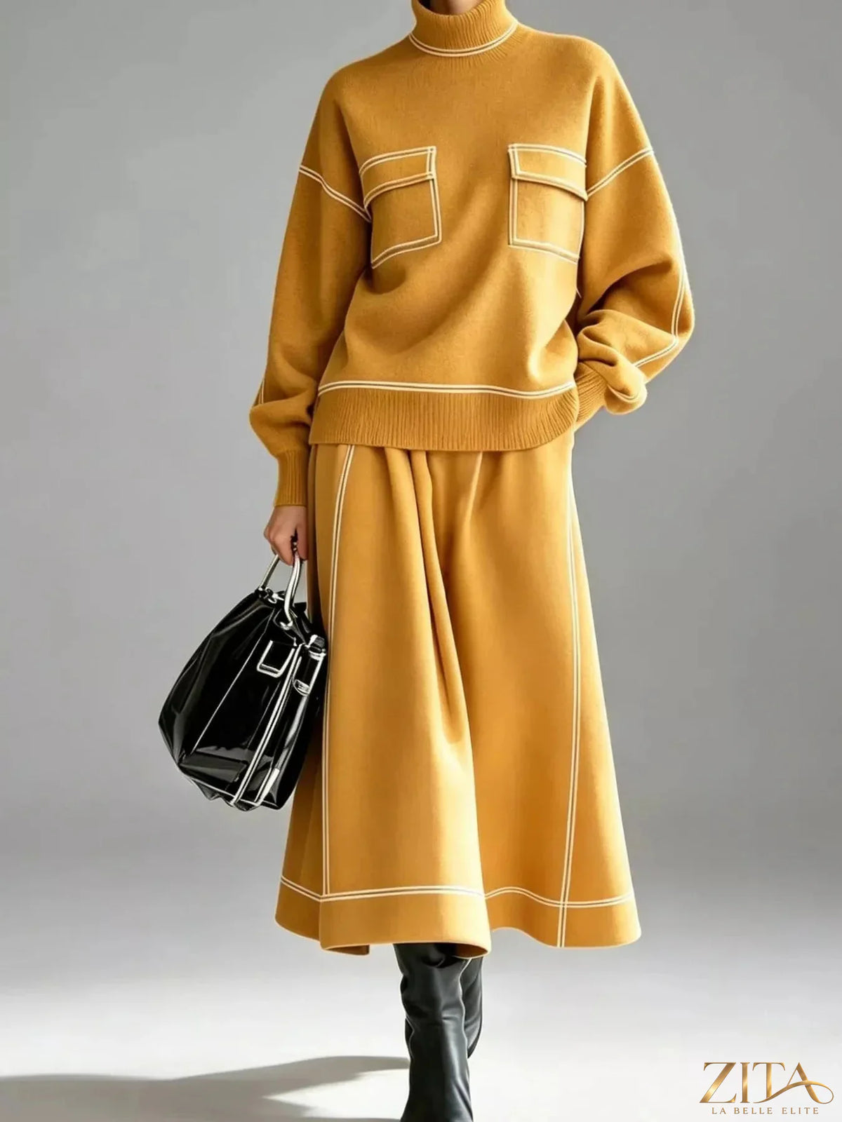 Zita La Belle Elite turtleneck knit top and midi skirt set in cozy, stylish fabric, displayed together on a neutral background.
