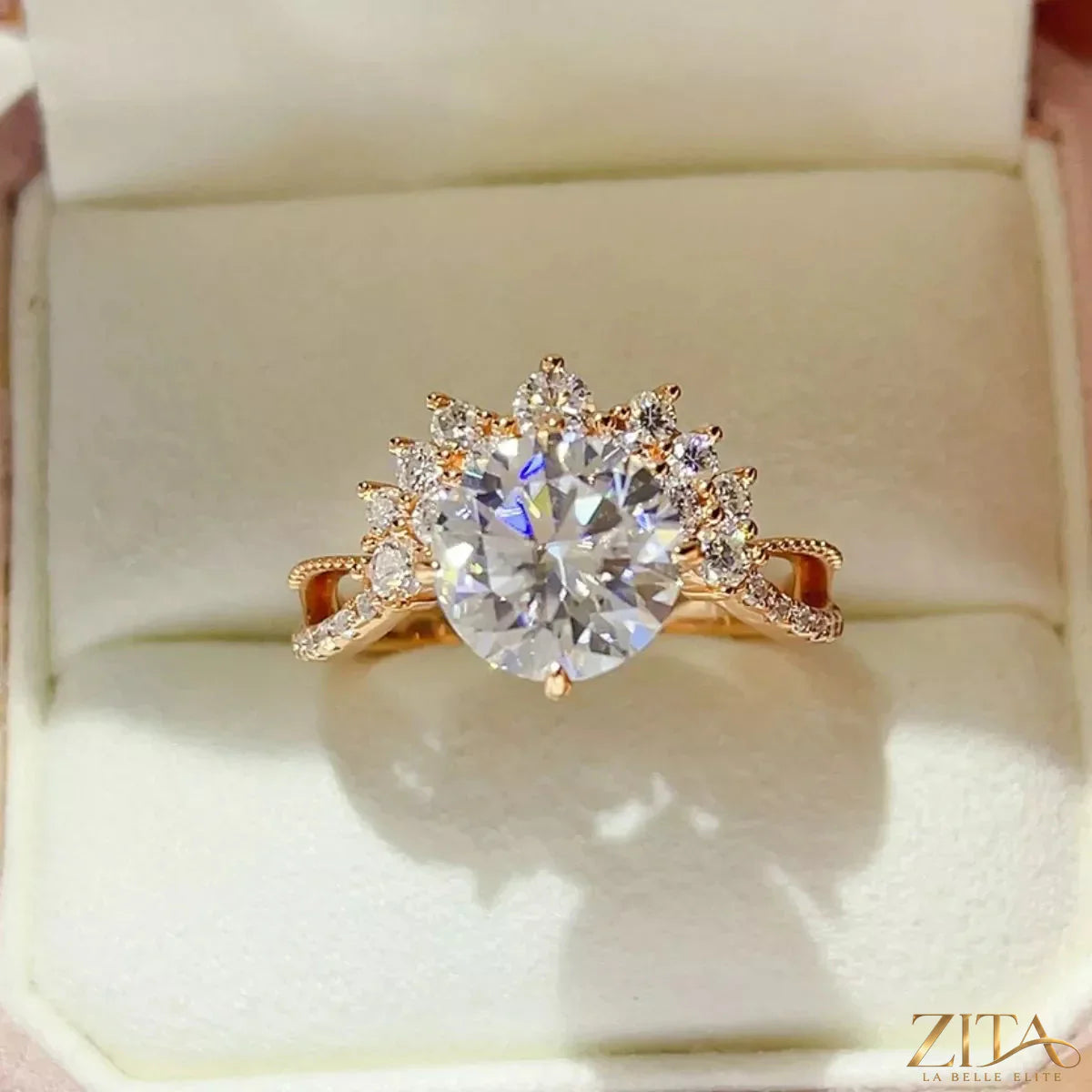 Sterling silver moissanite ring with 3-carat center stone, featuring Zita La Belle Elite branding.