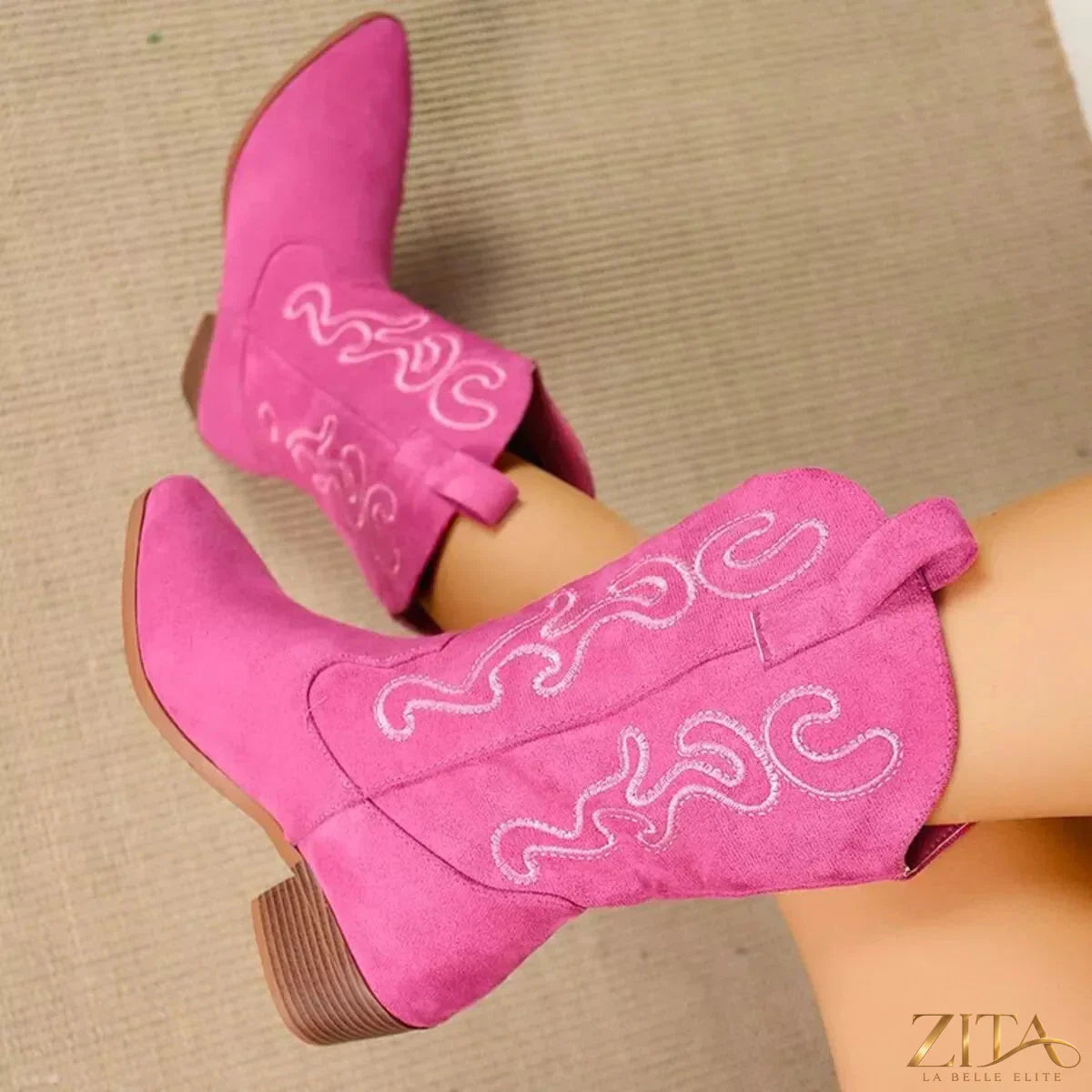 Zita La Belle Elite point toe block heel boots with sleek design and stylish black leather finish.