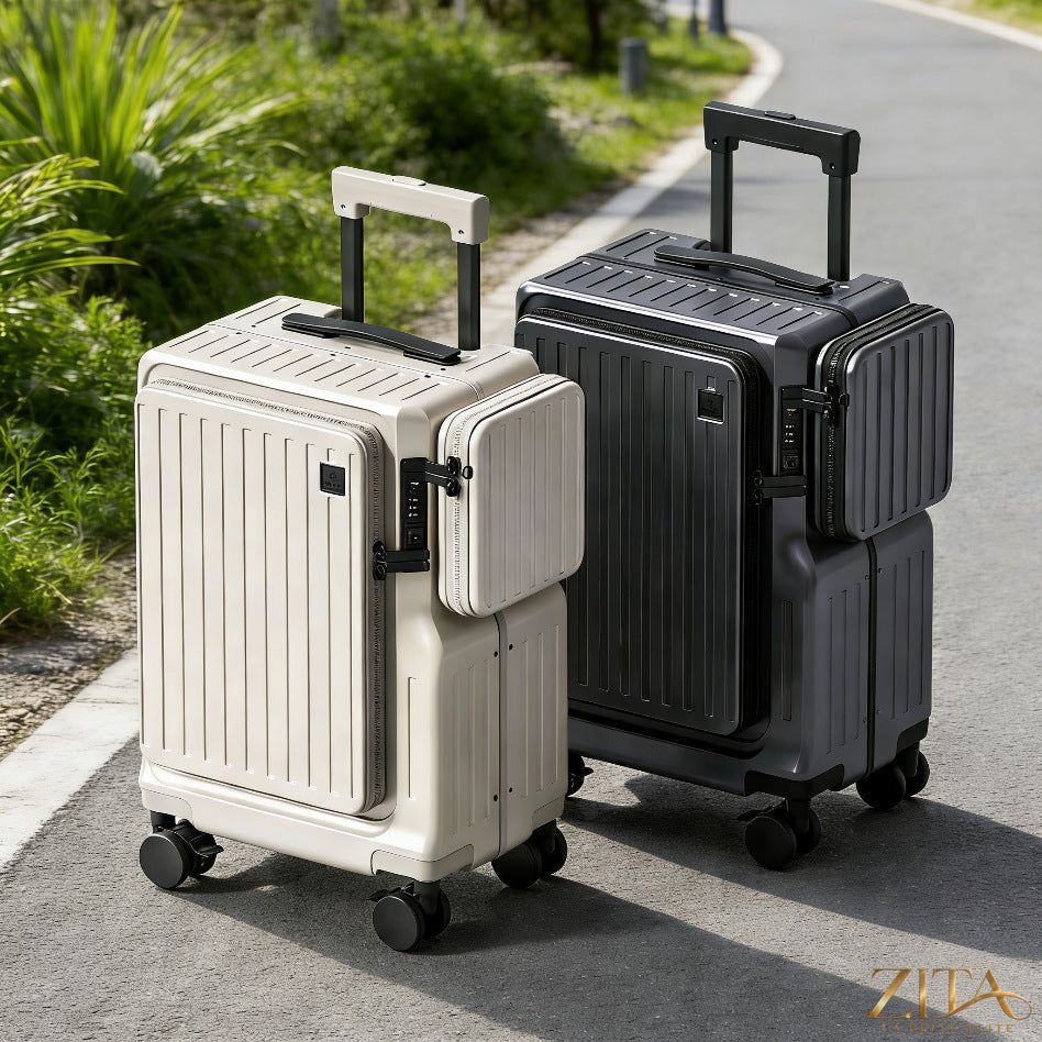 Zita La Belle Elite front-opening 20-inch carry-on suitcase with hard shell and side handle, ready for travel.