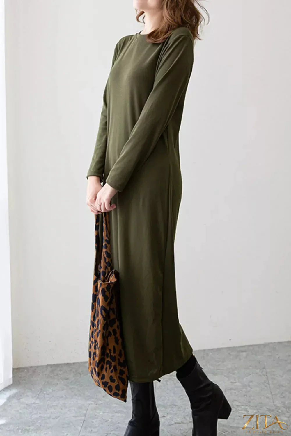 Zita La Belle Elite casual long sleeve midi dress shown in soft fabric with a fitted waist and knee-length hem.