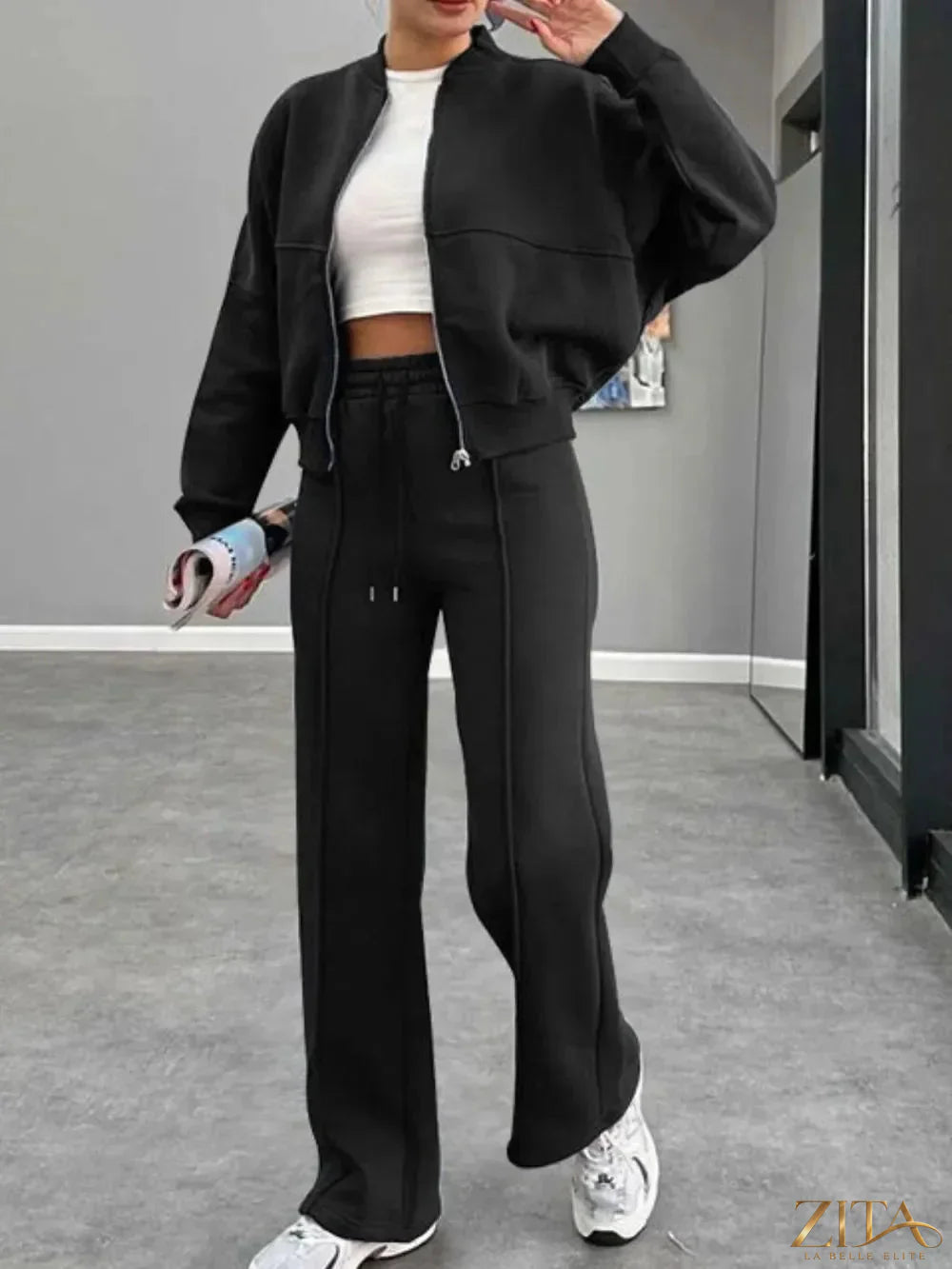 Zita La Belle Elite baseball collar zip-up outerwear and drawstring pants set, navy blue with white accents, casual athletic style