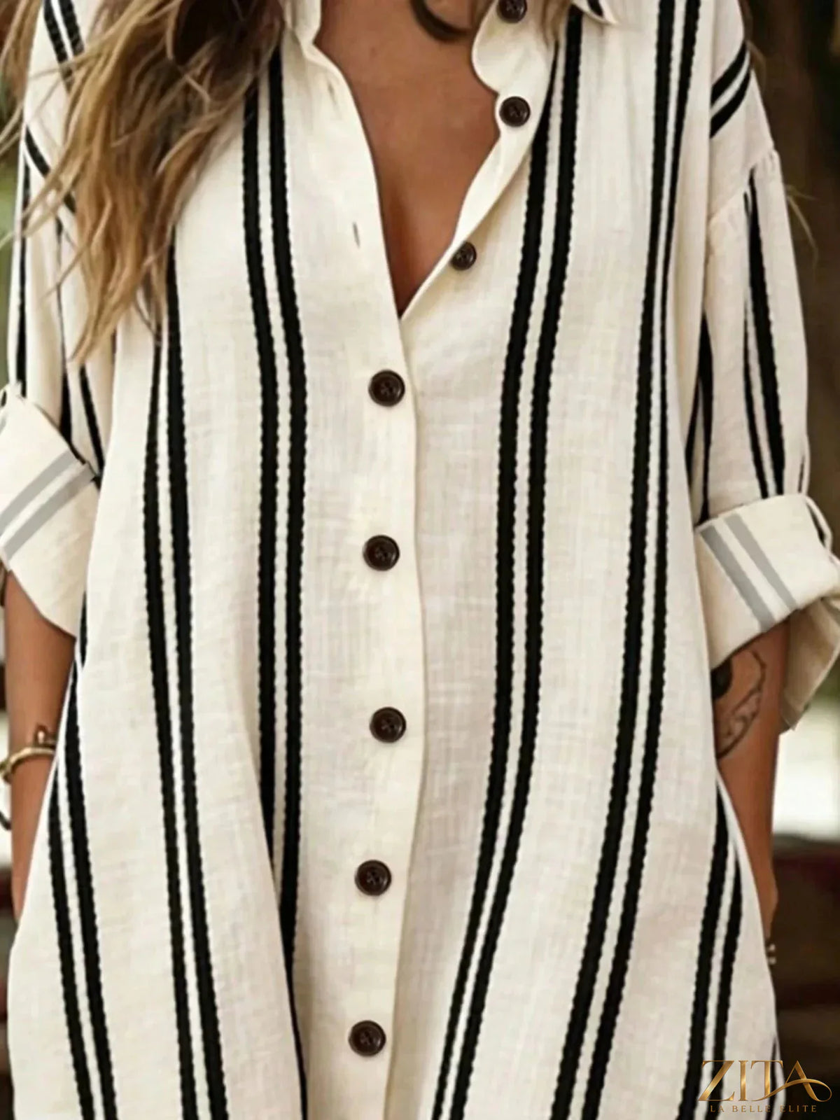 Zita La Belle Elite striped button-down shirt dress with long sleeves and a classic collar, styled with a casual fit.