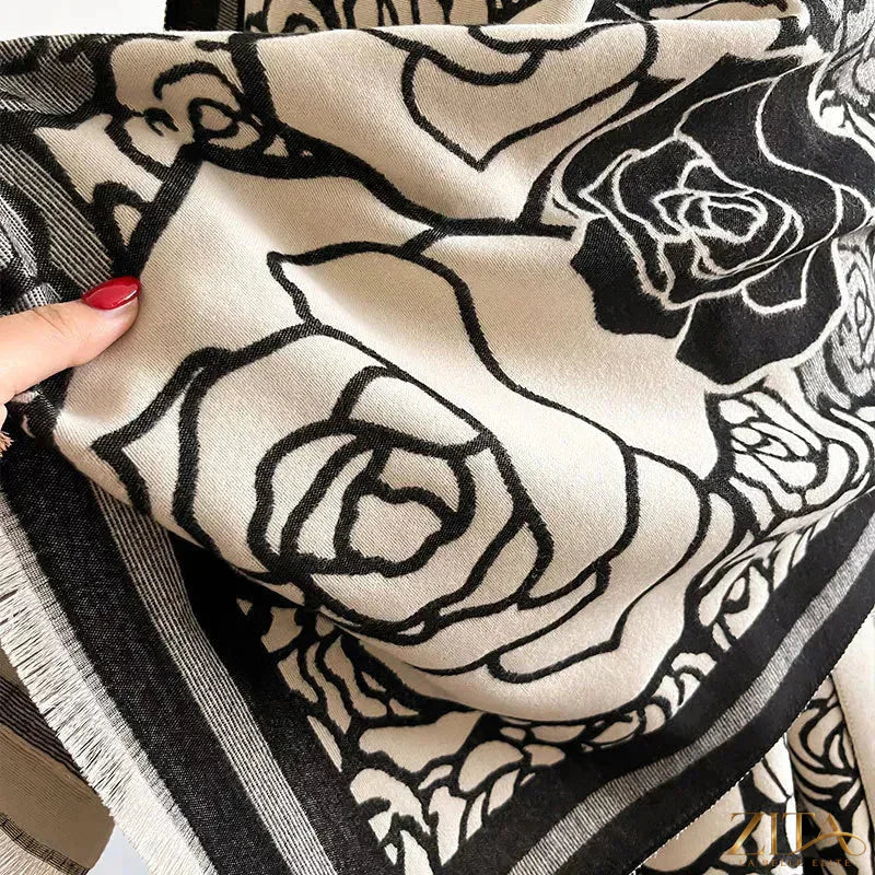 Rose pattern raw hem scarf by Zita La Belle Elite, featuring soft fabric and delicate floral design, displayed flat.