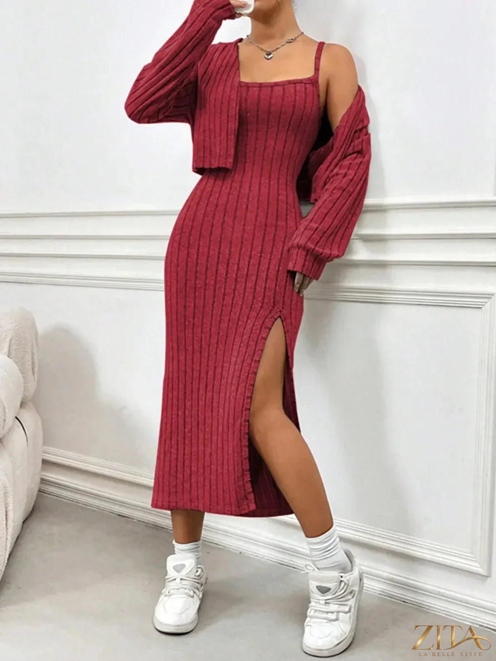 Zita La Belle Elite ribbed long sleeve cropped cardigan and slit cami dress set, featuring textured knit fabric and stylish layered design.