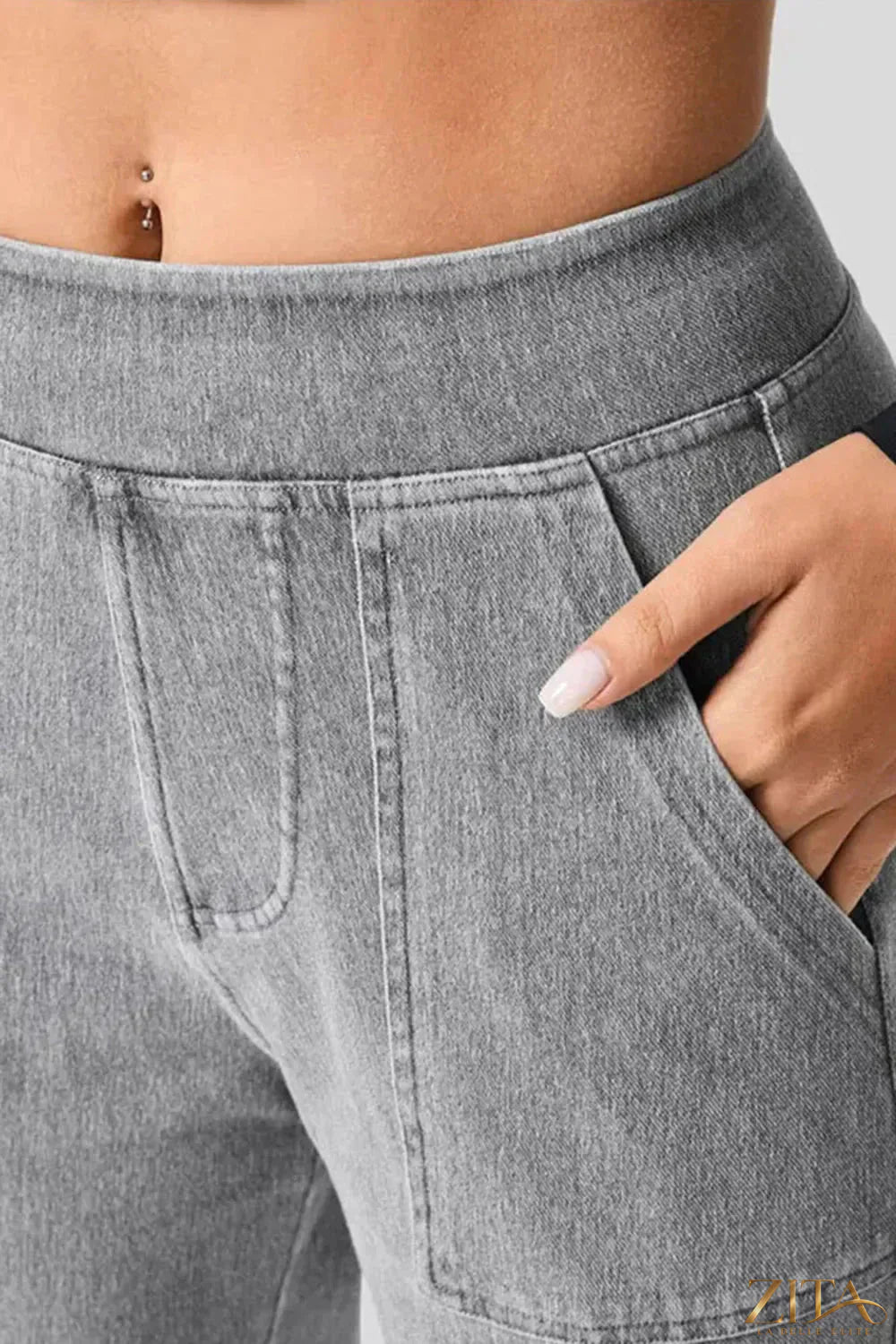 Zita La Belle Elite high waist straight leg cargo jeans with multiple pockets and classic denim wash.