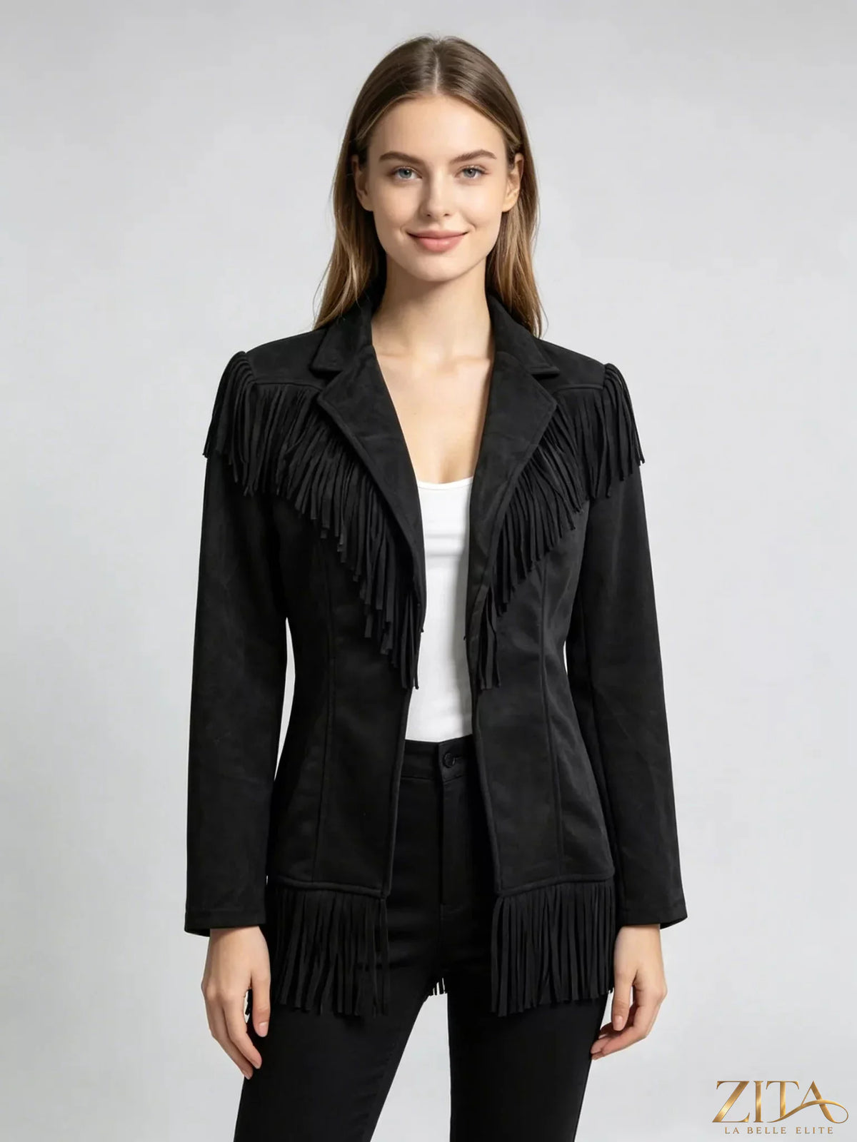 Western-inspired fringed open front jacket by Trendsi featuring fringe details and a relaxed fit, styled for casual western looks.