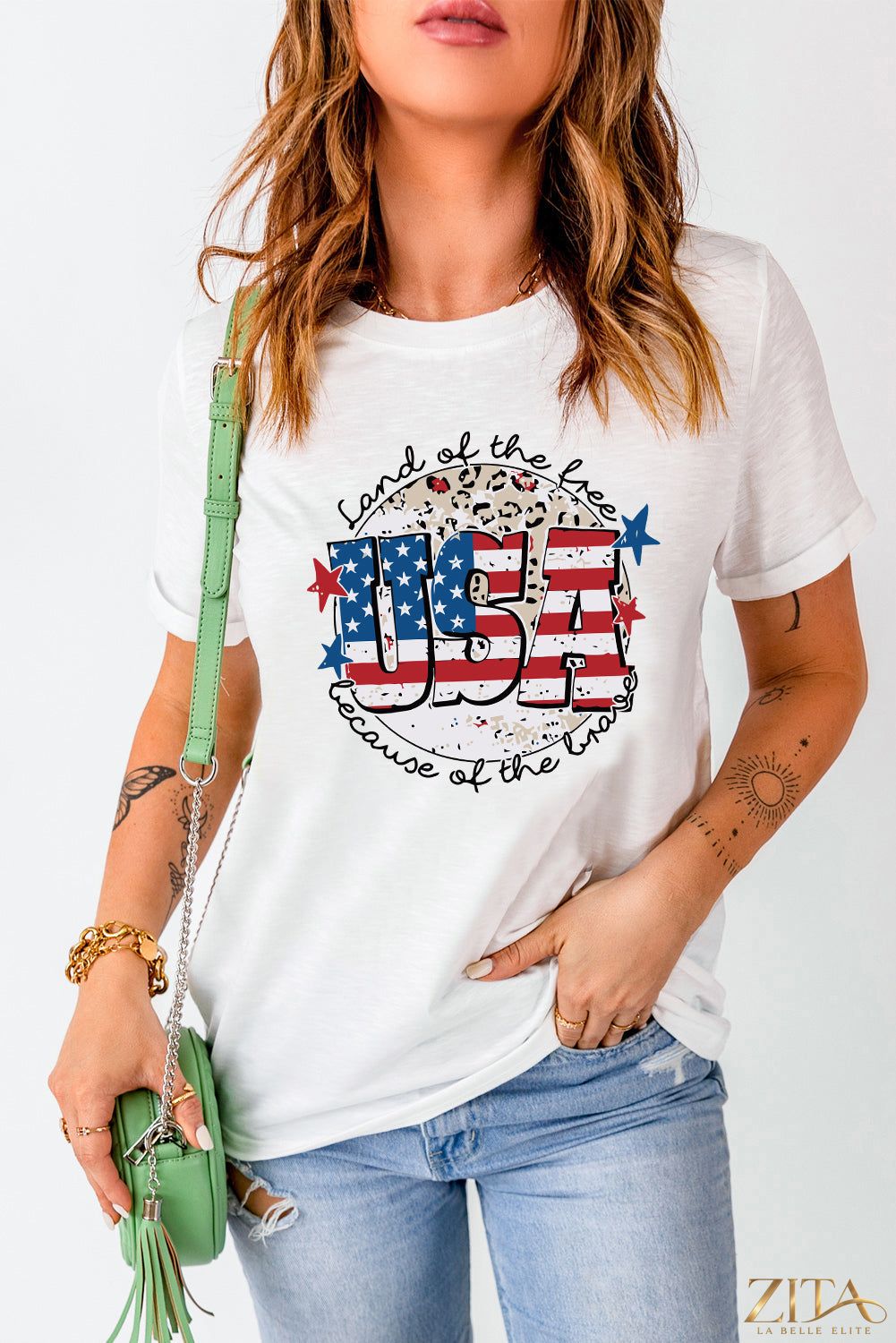 USA Graphic Round Neck T-Shirt by Trendsi featuring a bold patriotic design on a casual cotton tee.