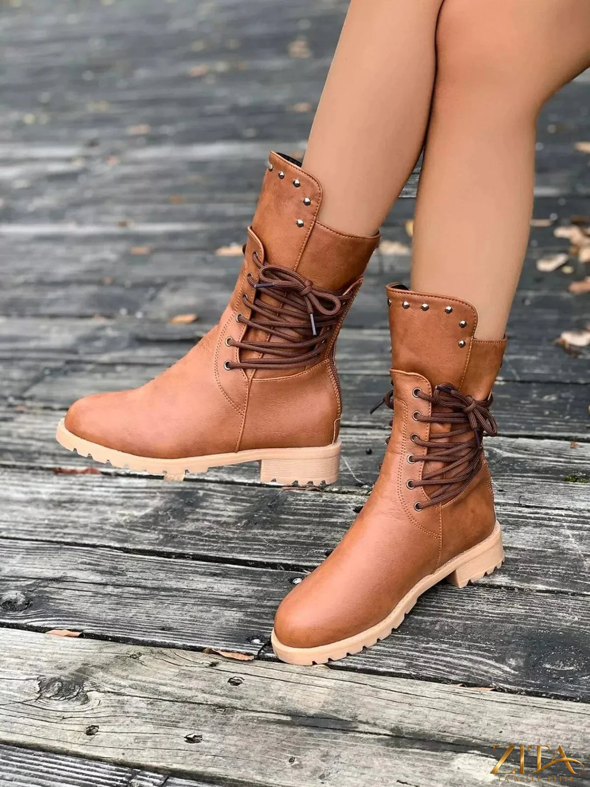 Zita La Belle Elite round toe block heel boots showing black leather exterior and sturdy chunky heel, stylish and comfortable footwear