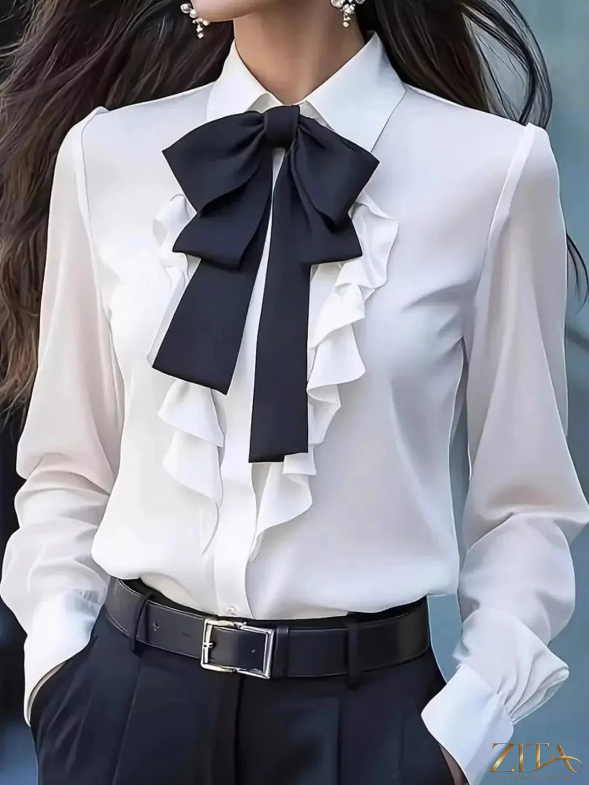 Zita La Belle Elite ruffled tie-front long sleeve blouse with feminine details and a soft, flowing fabric.