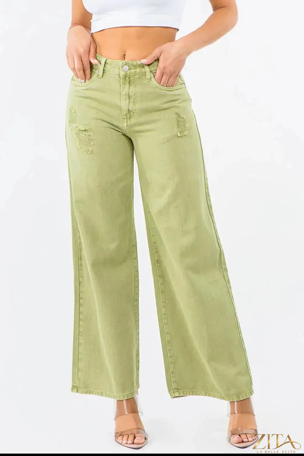 Zita La Belle Elite American Bazi high waist distressed wide-leg jeans displayed on a model, showcasing trendy denim style.