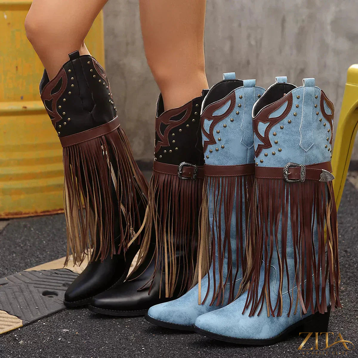 Zita La Belle Elite fringe block heel boots with stylish design, featuring a sleek silhouette and decorative fringe details.