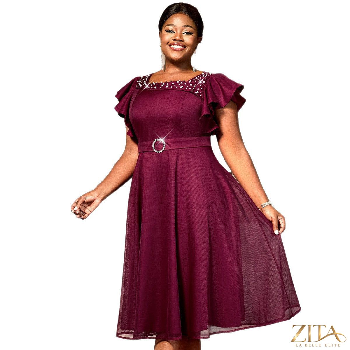 Elegant women's summer mesh dress with butterfly sleeves and ruffles, perfect for weddings and parties by Zita La Belle Elite.