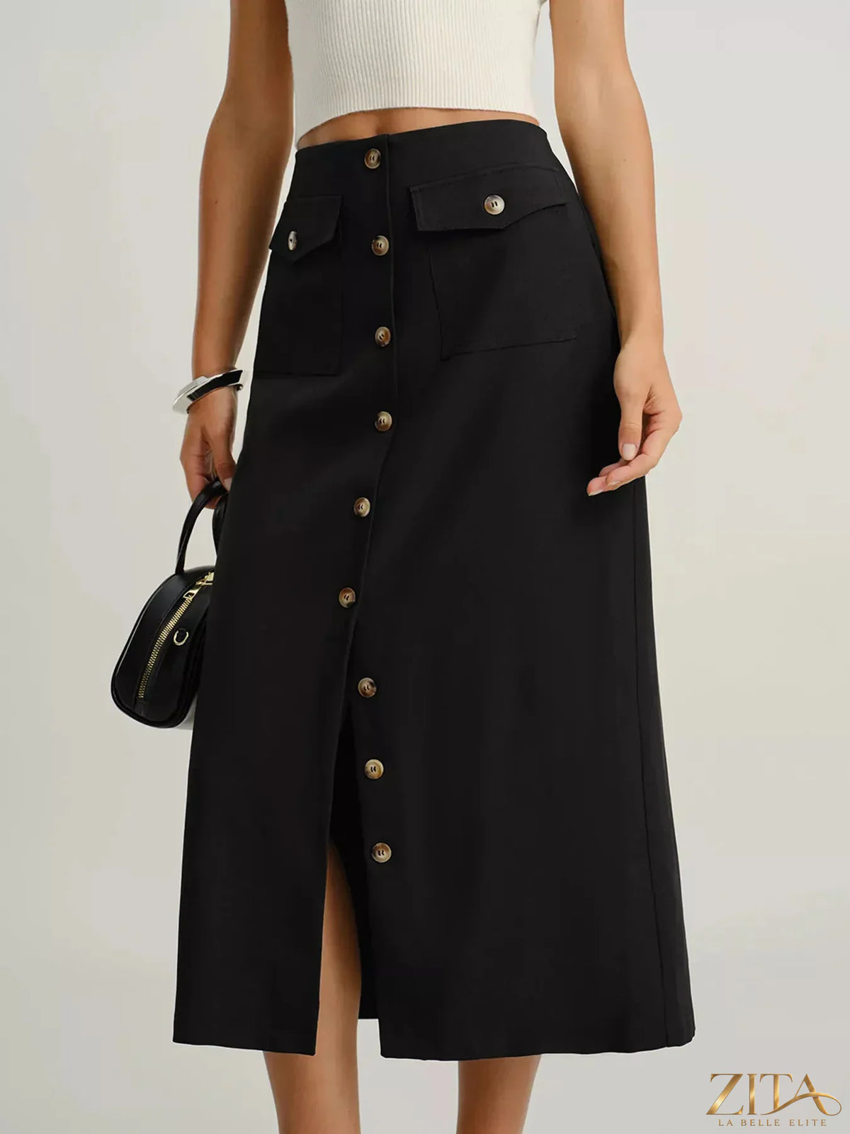 Zita La Belle Elite button-front midi skirt with pockets, stylish and versatile fashion piece, shown in a natural pose.