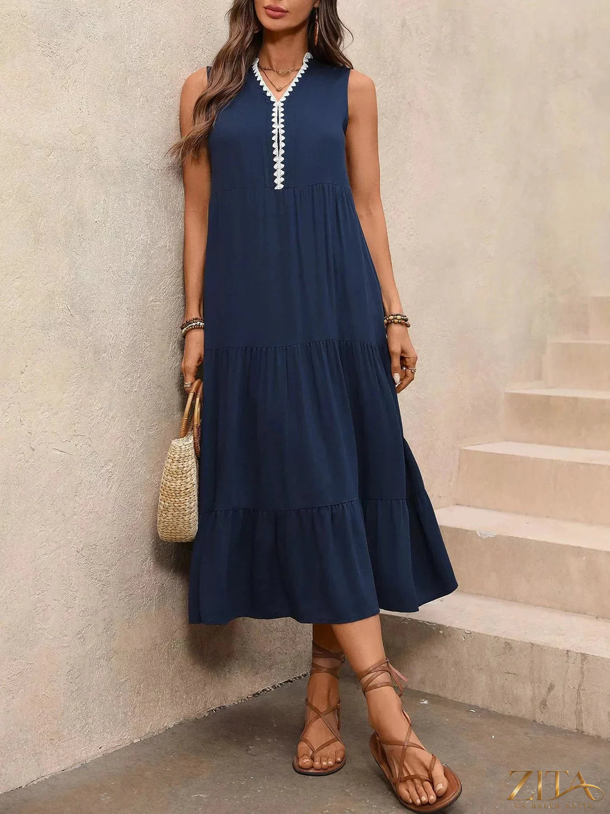 Zita La Belle Elite sleeveless tiered casual dress with ruffle hem, lightweight and flowy for warm weather wear.